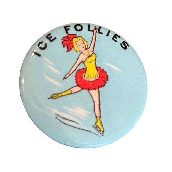 Vintage 1950s Ice Follies Extended Pinback Ice Skater Blue 1.75" Diameter - Picture 2 of 7